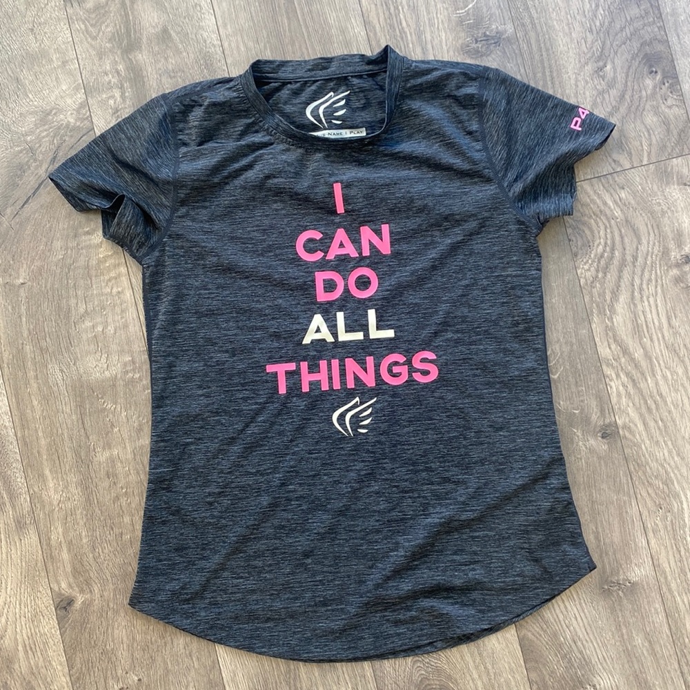 Dark gray Phillipians 4:13 lightweight workout shirt woman’s size small.